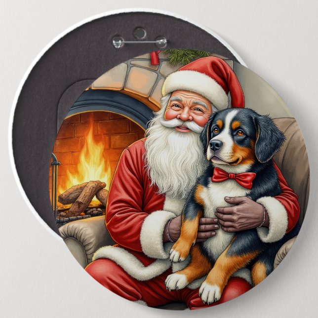 Santa Claus Holding Bernese Mountain Dog Christmas 6 Inch Round Button (Front & Back)