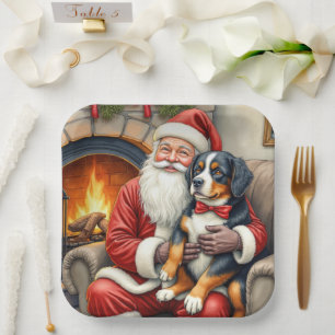 Santa Claus Holding Bernese Mountain Dog Christmas Paper Plate
