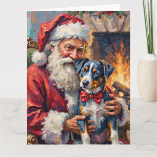 Santa Claus Holding Blue Heeler Christmas Art Card