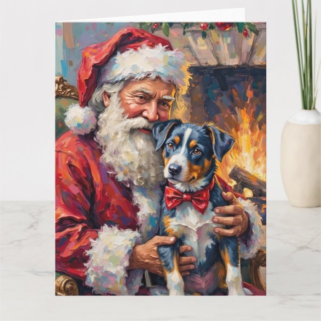 Santa Claus Holding Blue Heeler Christmas Art Card (Front)