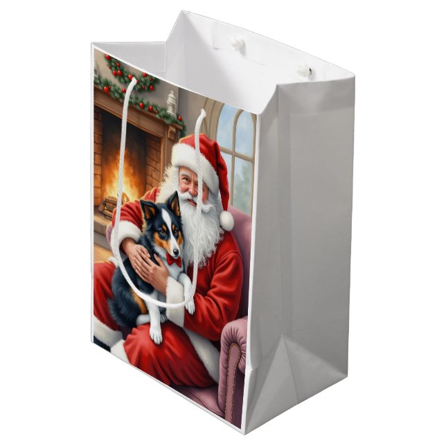 Santa Claus Holding Border Collie Christmas Art Medium Gift Bag (Front Angled)
