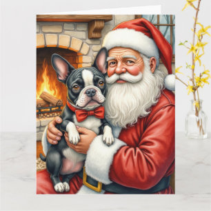 Santa Claus Holding Boston Terrier Christmas Art Card