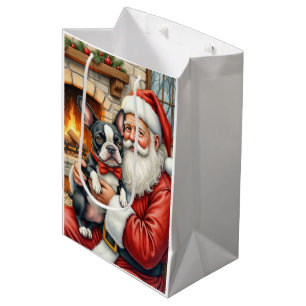 Santa Claus Holding Boston Terrier Christmas Art Medium Gift Bag