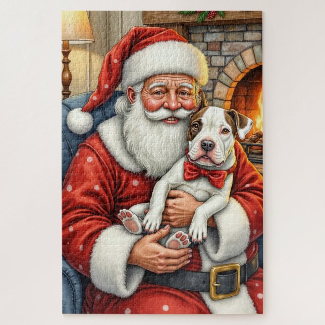 Santa Claus Holding Bull Terrier Christmas Art Jigsaw Puzzle (Vertical)