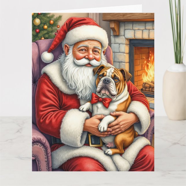 Santa Claus Holding Bulldog Christmas Art Card (Front)