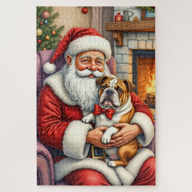 Santa Claus Holding Bulldog Christmas Art Jigsaw Puzzle (Vertical)