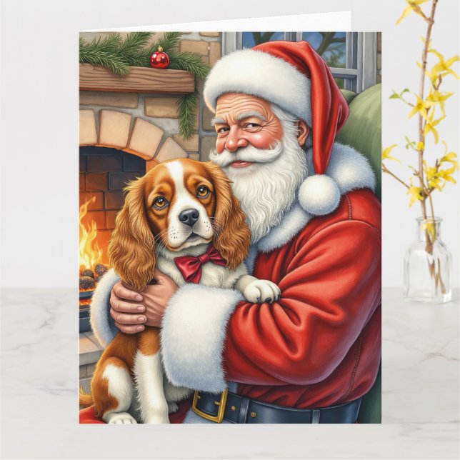 Santa Claus Holding Cavalier King Charles Spaniel  Card (Yellow Flower)