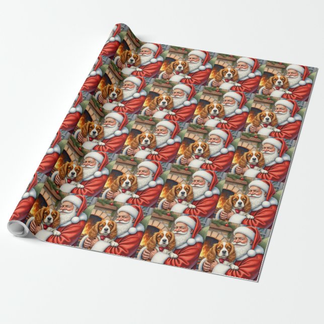 Santa Claus Holding Cavalier King Charles Spaniel  Wrapping Paper (Unrolled)