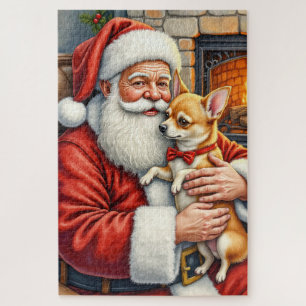 Santa Claus Holding Chihuahua Christmas Art Jigsaw Puzzle