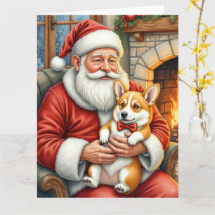 Santa Claus Holding Corgi Christmas Art Card