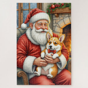 Santa Claus Holding Corgi Christmas Art Jigsaw Puzzle