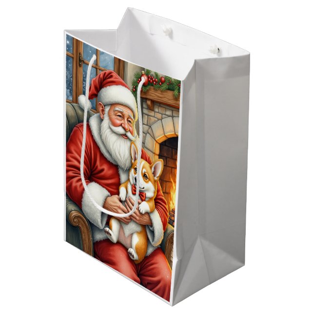 Santa Claus Holding Corgi Christmas Art Medium Gift Bag (Front Angled)