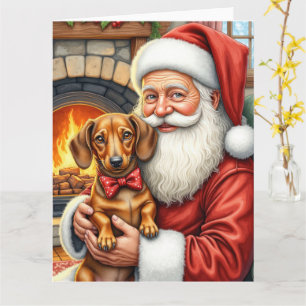 Santa Claus Holding Dachshund Christmas Art Card