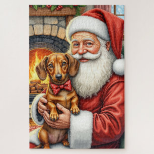 Santa Claus Holding Dachshund Christmas Art Jigsaw Puzzle