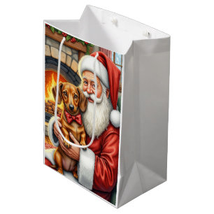 Santa Claus Holding Dachshund Christmas Art Medium Gift Bag
