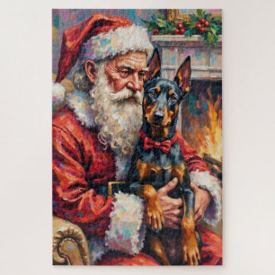 Santa Claus Holding Doberman Christmas Art Jigsaw Puzzle