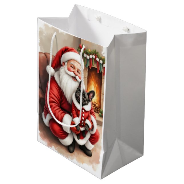 Santa Claus Holding French Bulldog Christmas Art Medium Gift Bag (Front Angled)