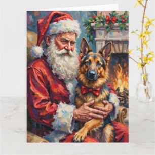 Santa Claus Holding German Shepherd Christmas Art Card
