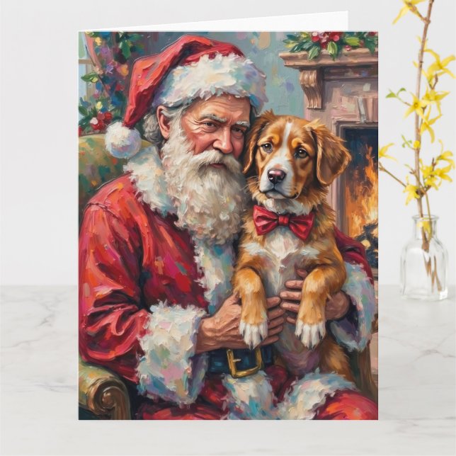 Santa Claus Holding Greater Swiss Mountain Art Card (Yellow Flower)