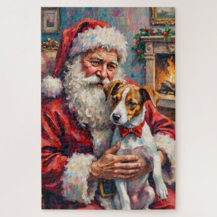 Santa Claus Holding Jack Russell Christmas Art Jigsaw Puzzle
