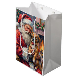 Santa Claus Holding Japanese Chin Christmas Art Medium Gift Bag