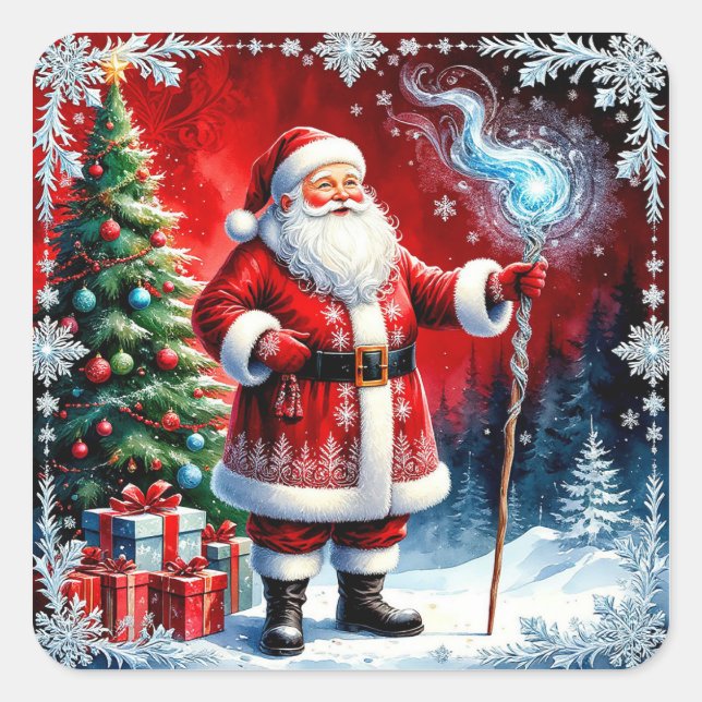Santa Claus Holding Magic Staff Square Sticker (Front)