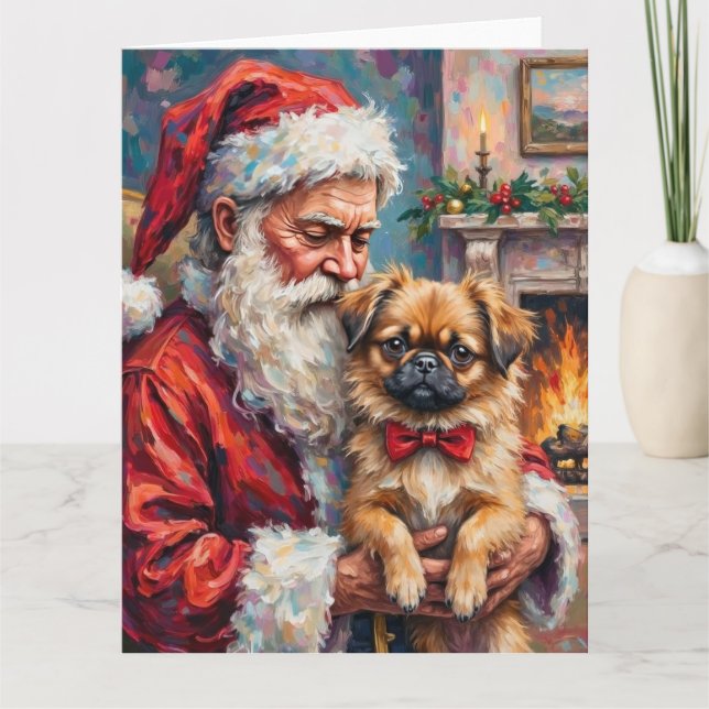 Santa Claus Holding Pekingese Christmas Art Card (Front)