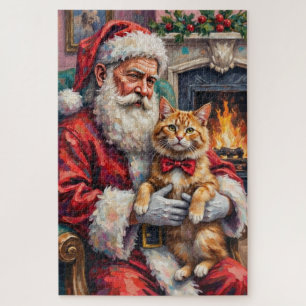 Santa Claus Holding Persian Cat Christmas Art Jigsaw Puzzle