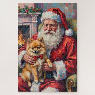 Santa Claus Holding Pomeranian Christmas Art Jigsaw Puzzle