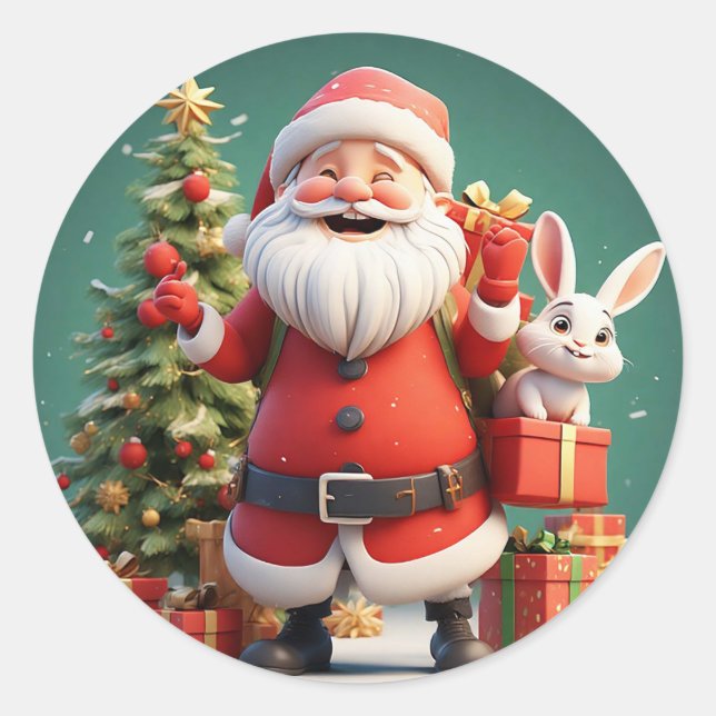 Santa Claus Holding Present with Rabbits Classic Round Sticker (Front)