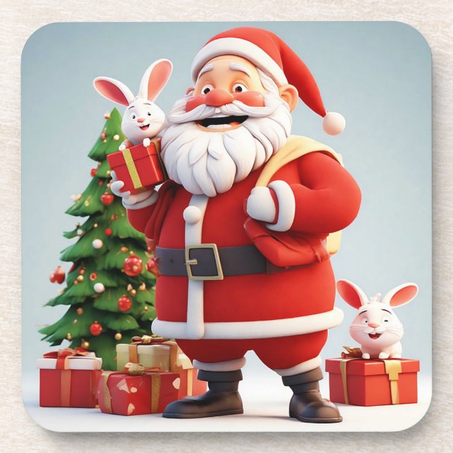 Santa Claus Holding Present with Rabbits Coaster (Front)
