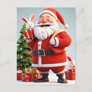 Santa Claus Holding Present with Rabbits Holiday Postcard