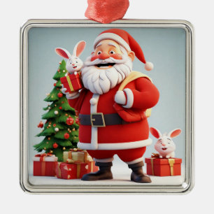 Santa Claus Holding Present with Rabbits Metal Ornament