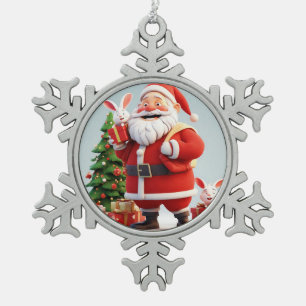 Santa Claus Holding Present with Rabbits Snowflake Pewter Christmas Ornament