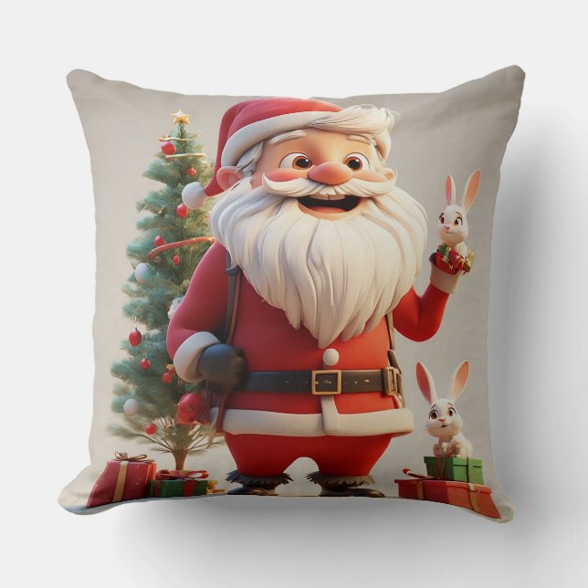 Santa Claus Holding Present with Rabbits Throw Pillow (Front)