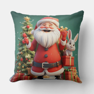 Santa Claus Holding Present with Rabbits Throw Pillow