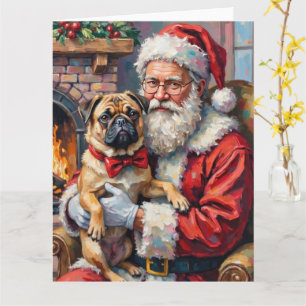 Santa Claus Holding Pug Christmas Art Card