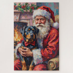 Santa Claus Holding Rottweiler Christmas Art Jigsaw Puzzle