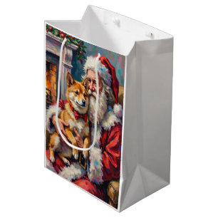Santa Claus Holding Shiba Inu Christmas Art Medium Gift Bag