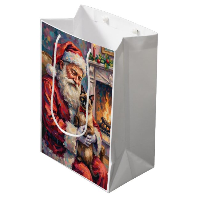 Santa Claus Holding Siamese Cat Christmas Art Medium Gift Bag (Front Angled)
