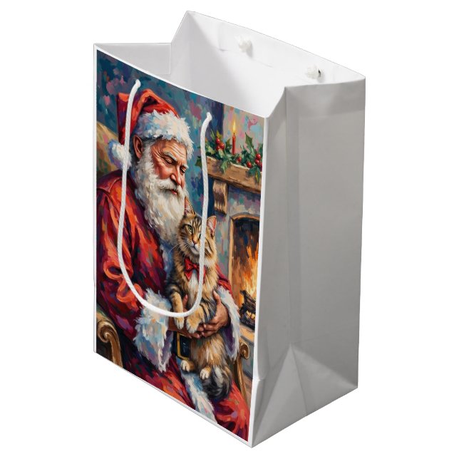 Santa Claus Holding Siberian Cat Christmas Art Medium Gift Bag (Front Angled)