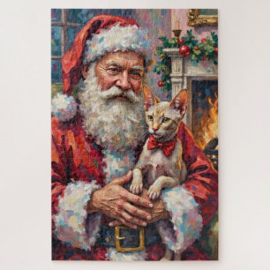 Santa Claus Holding Sphynx Cat Christmas Art Jigsaw Puzzle