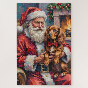 Santa Claus Holding Sussex Spaniel Christmas Art Jigsaw Puzzle