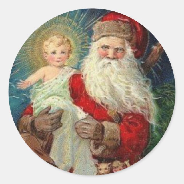 Santa Claus holding the Baby Jesus Classic Round Sticker (Front)
