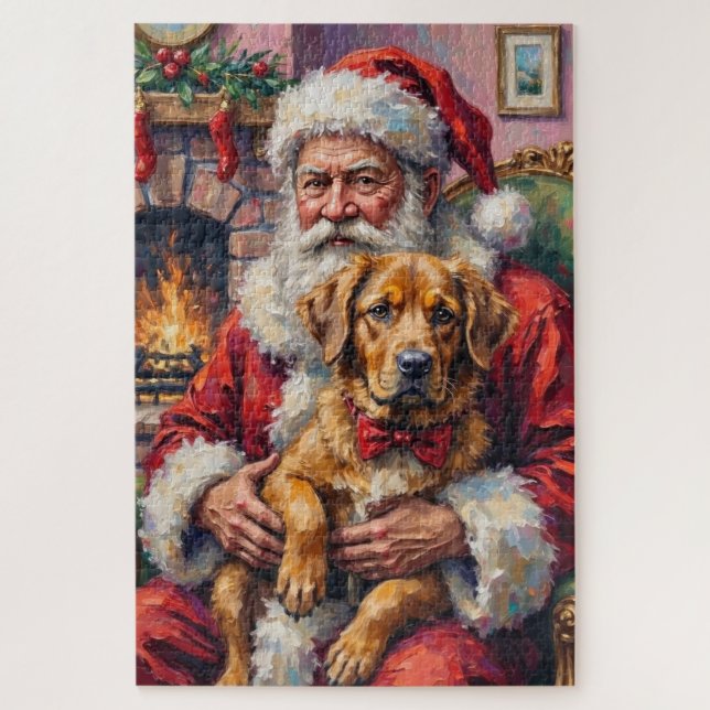 Santa Claus Holding Tibetan Mastiff Christmas Art Jigsaw Puzzle (Vertical)