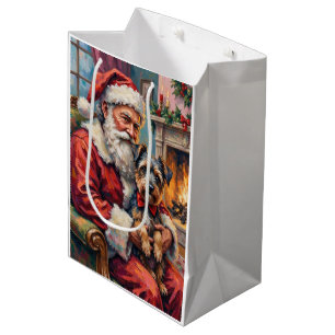 Santa Claus Holding Tibetan Terrier Christmas Art Medium Gift Bag