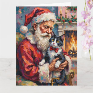 Santa Claus Holding Tuxedo Cat Christmas Art Card