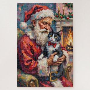 Santa Claus Holding Tuxedo Cat Christmas Art Jigsaw Puzzle