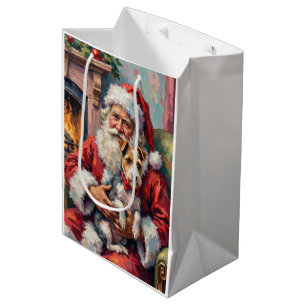 Santa Claus Holding Wirefox Terrier Christmas Art Medium Gift Bag