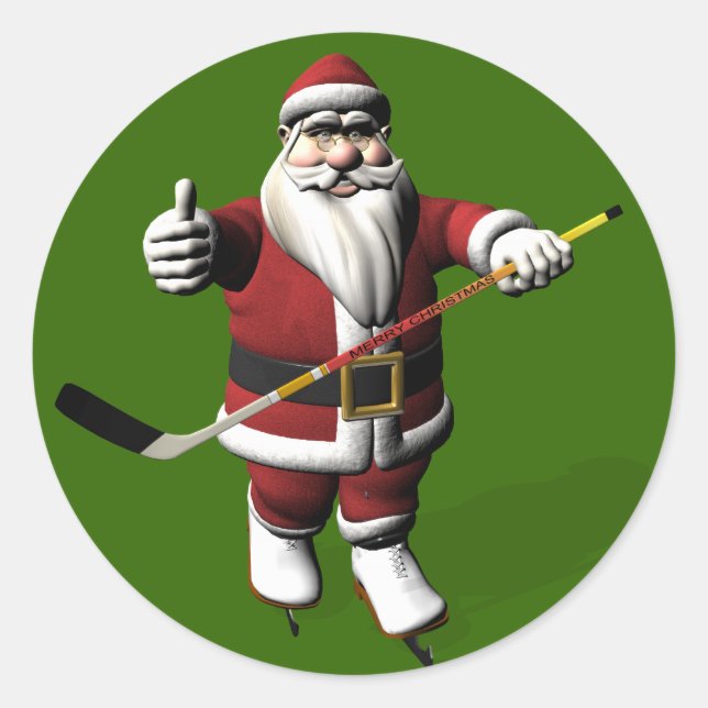 Santa Claus Ice Hockey Player Classic Round Sticker (Front)